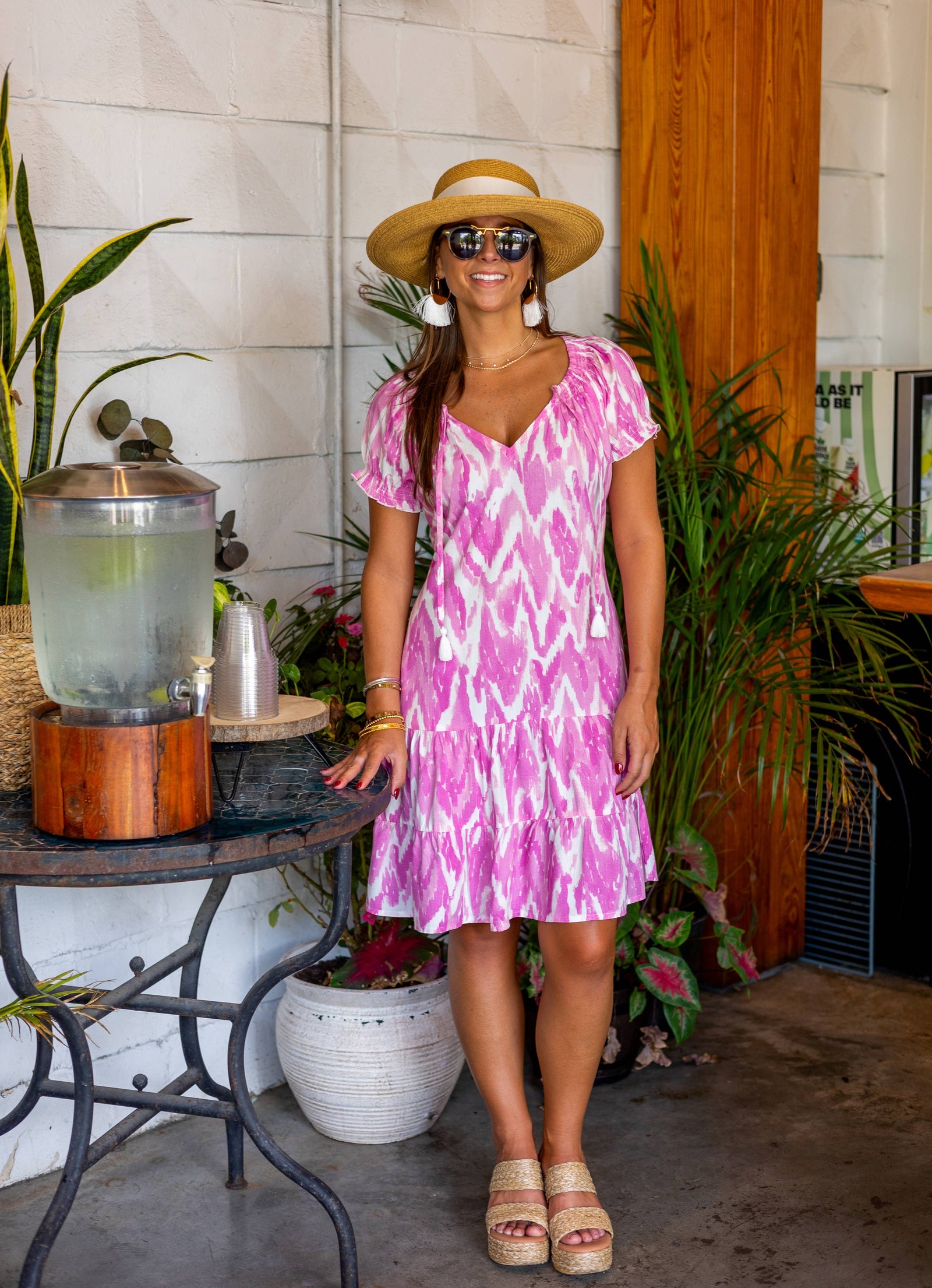 Emily Dress Flounce Rayon Tassel Spring:  Pink Watercolor