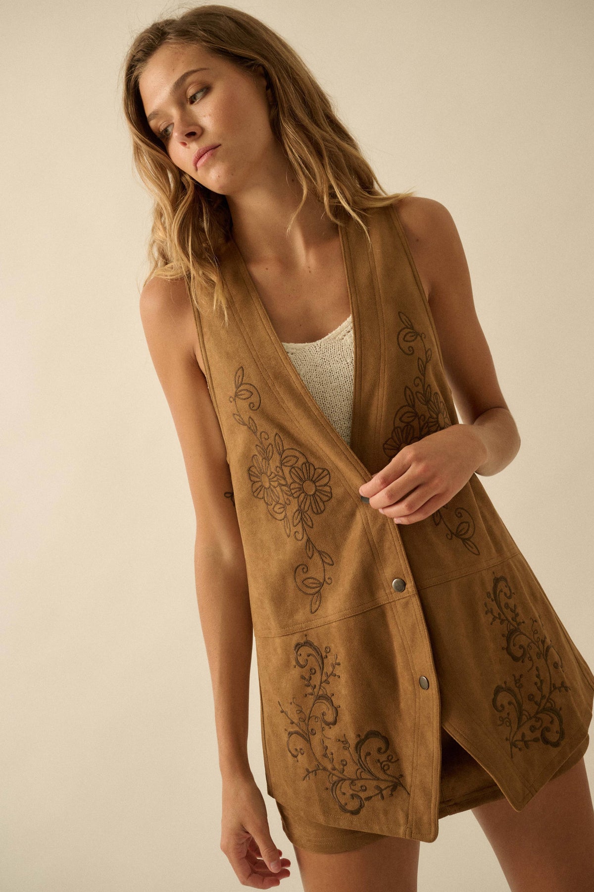 Floral-Embroidered Faux Suede Snap-Front Vest