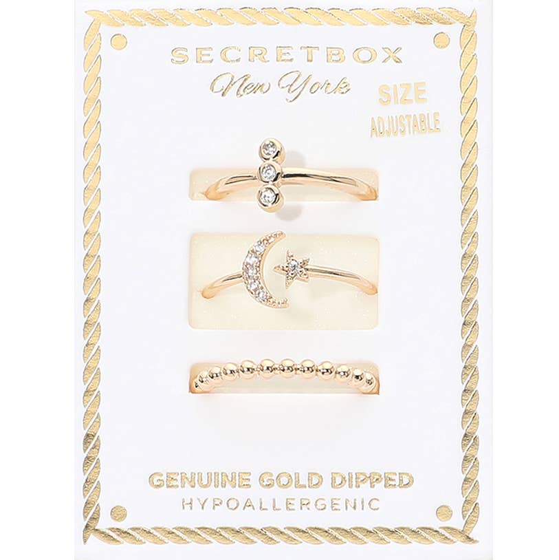 Genuine Gold Dipped Stone Pave Crescent Moon Star Beaded Stackable Ring Set