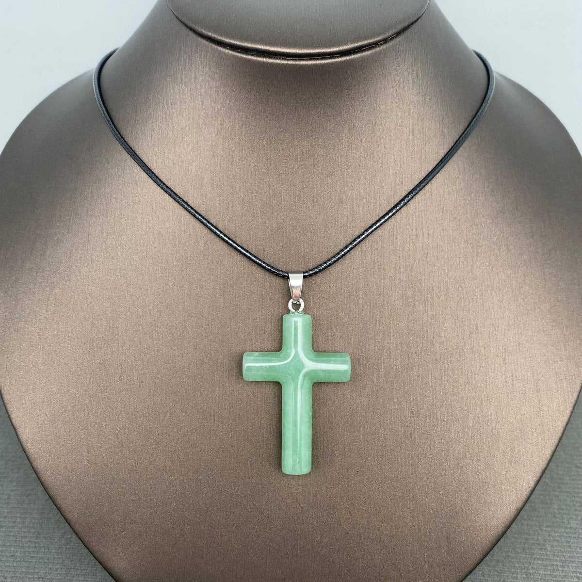 Stone Cross Charm Black Waxed Cord Necklace - CS