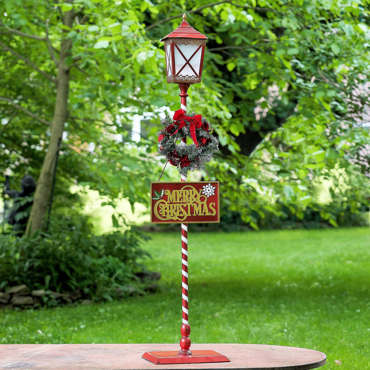 59" Tall Standing Iron Lantern with LED Lights and Wreath