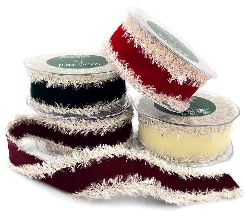 1.5" Red Velveteen Ribbon with Tinsel Fur Edge
