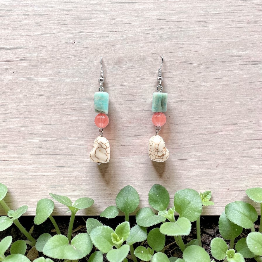 Amazonite, Cherry Quartz,Howlite & Stainless Earring