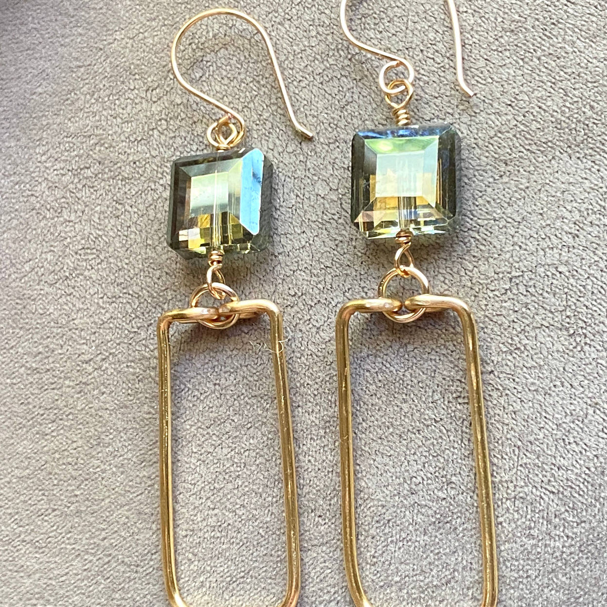 Green - Gold Hammered Rectangle and Square Crystal Earrings Green: