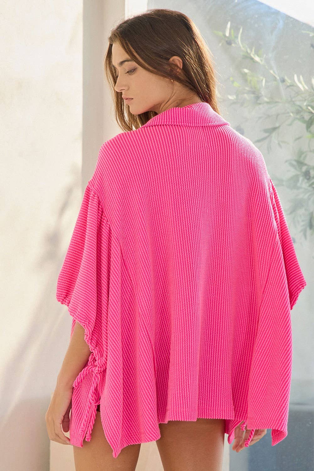 T2195B Oversized Drawstring Tie Sleeves Solid Top: Fuchsia