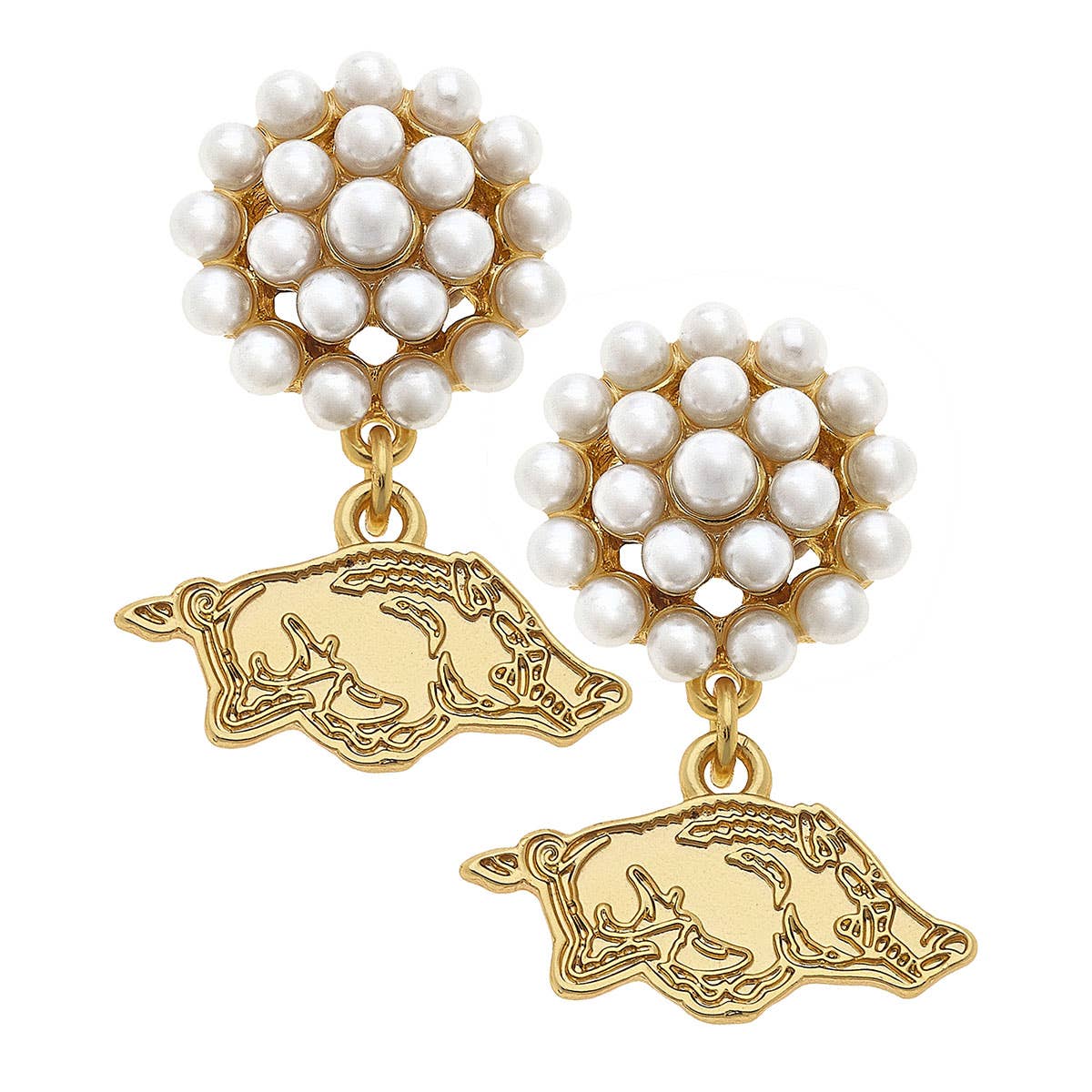 Arkansas Razorbacks Pearl Cluster 24K Gold Plated Earrings