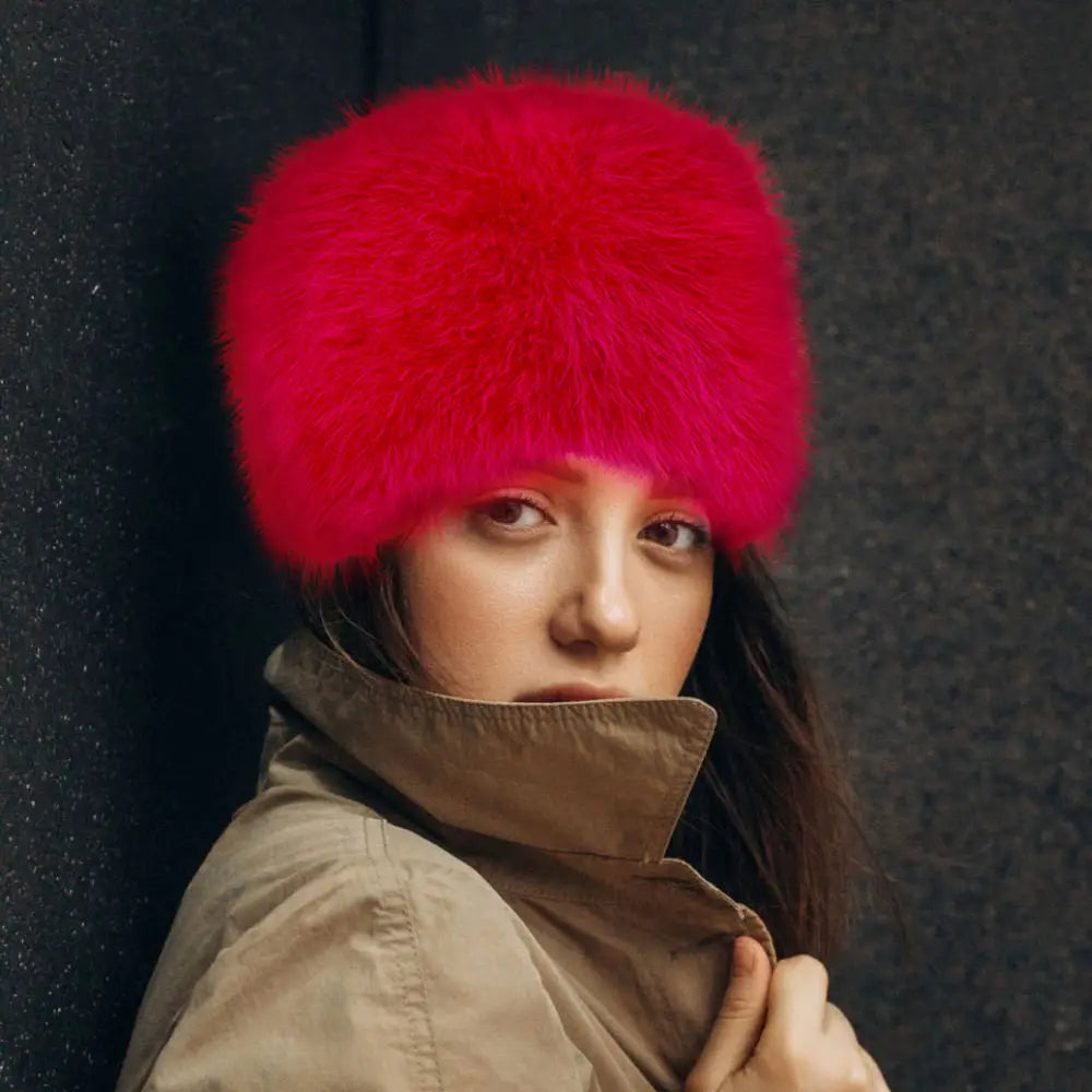 Faux Fur Furry Cossack Style Winter Hat: Hot Pink