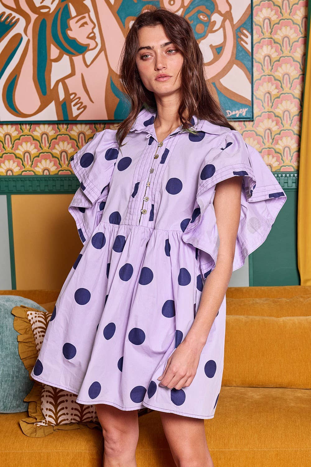 Ruffle Sleeve Pintuck Detail Polka Dot Mini Dress: Lavender/Navy / S-M-L