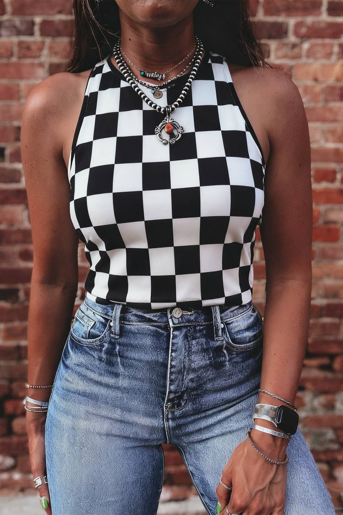 Spring Summer Checkerboard Printed Slim Tank Top