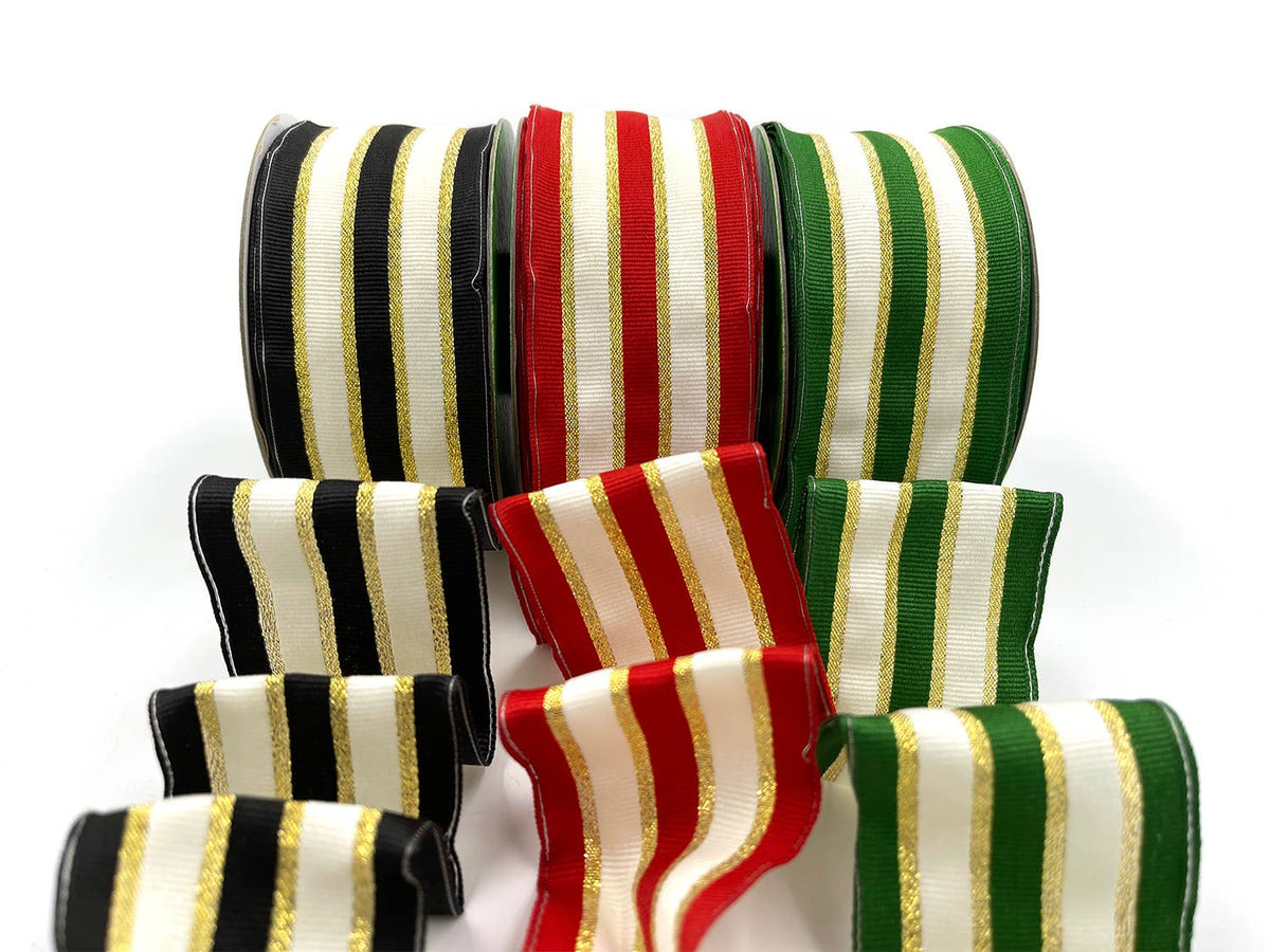 ~2" Green Woven Metallic Gold Stripe Wired Ribbon