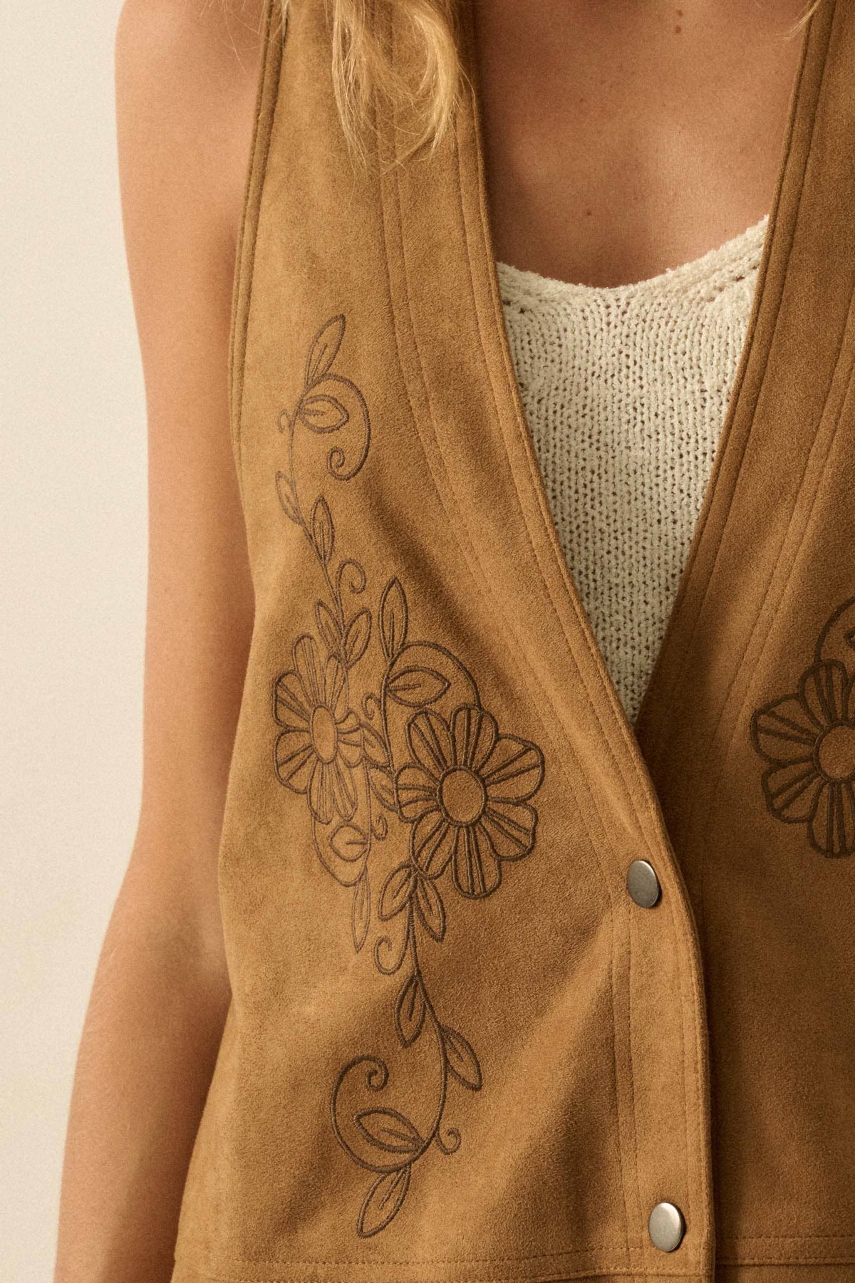 Floral-Embroidered Faux Suede Snap-Front Vest