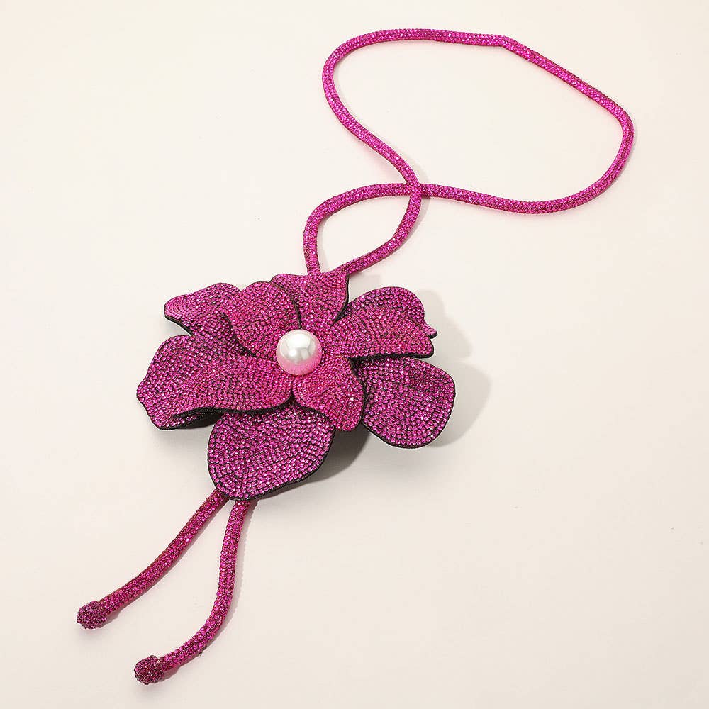 Pearl Centered Bling Studded Flower Pointed Bolo Tie Necklace
