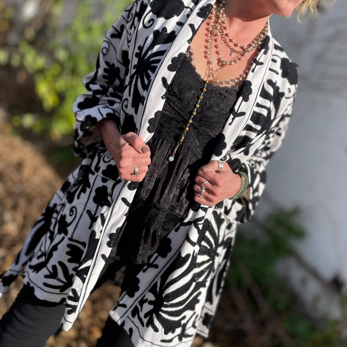 Suzani Hand Embroidered Jacket- Black and White: One size