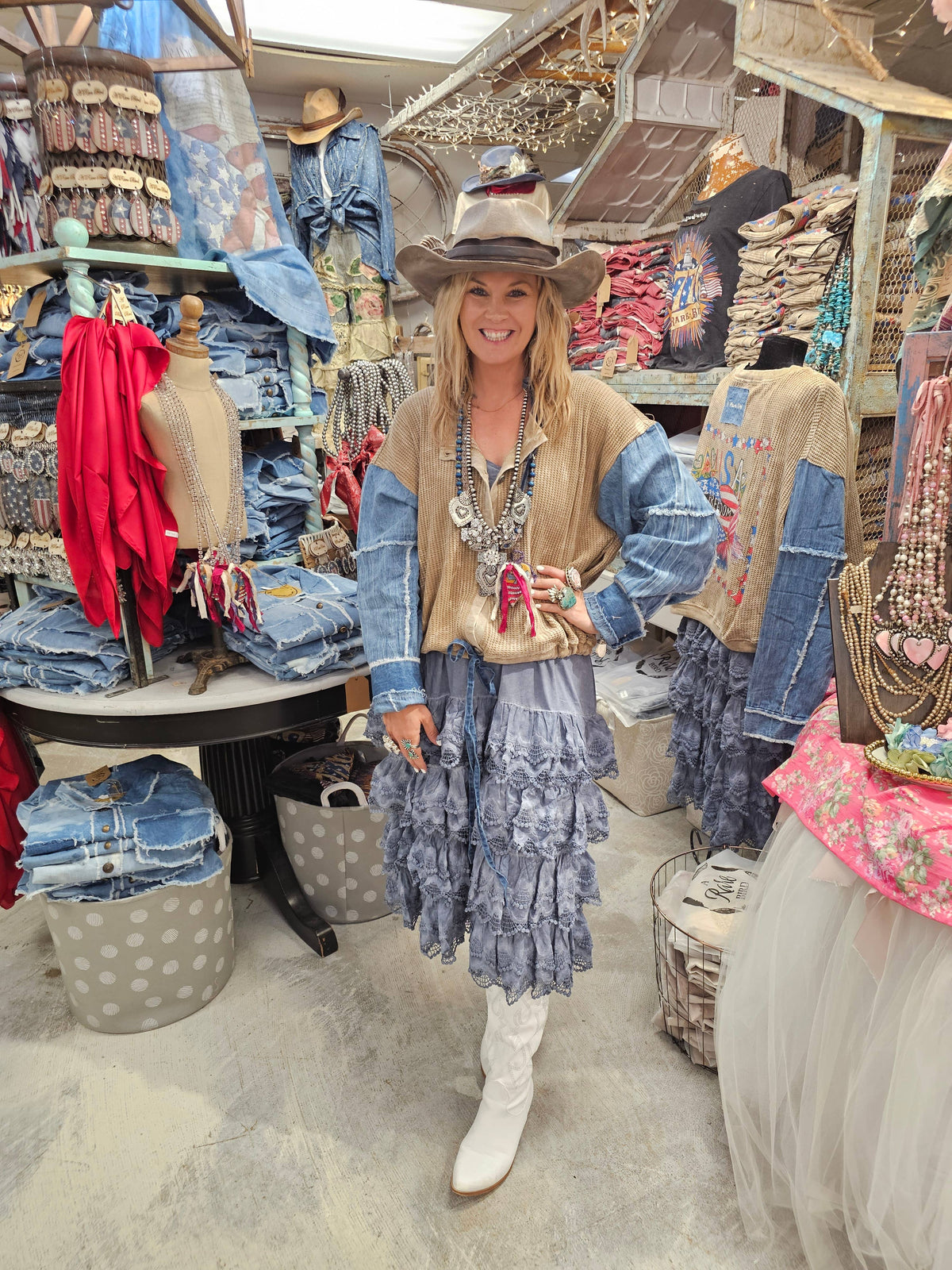 Denim Distressed Ruffle Slip Dress
