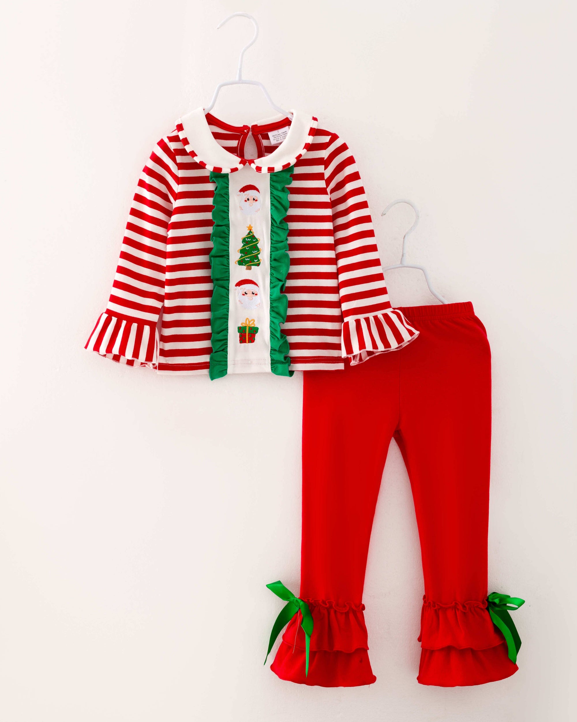 Christmas Red Stripe Santa Ruffle Girl Pant Set Kids Clothes: