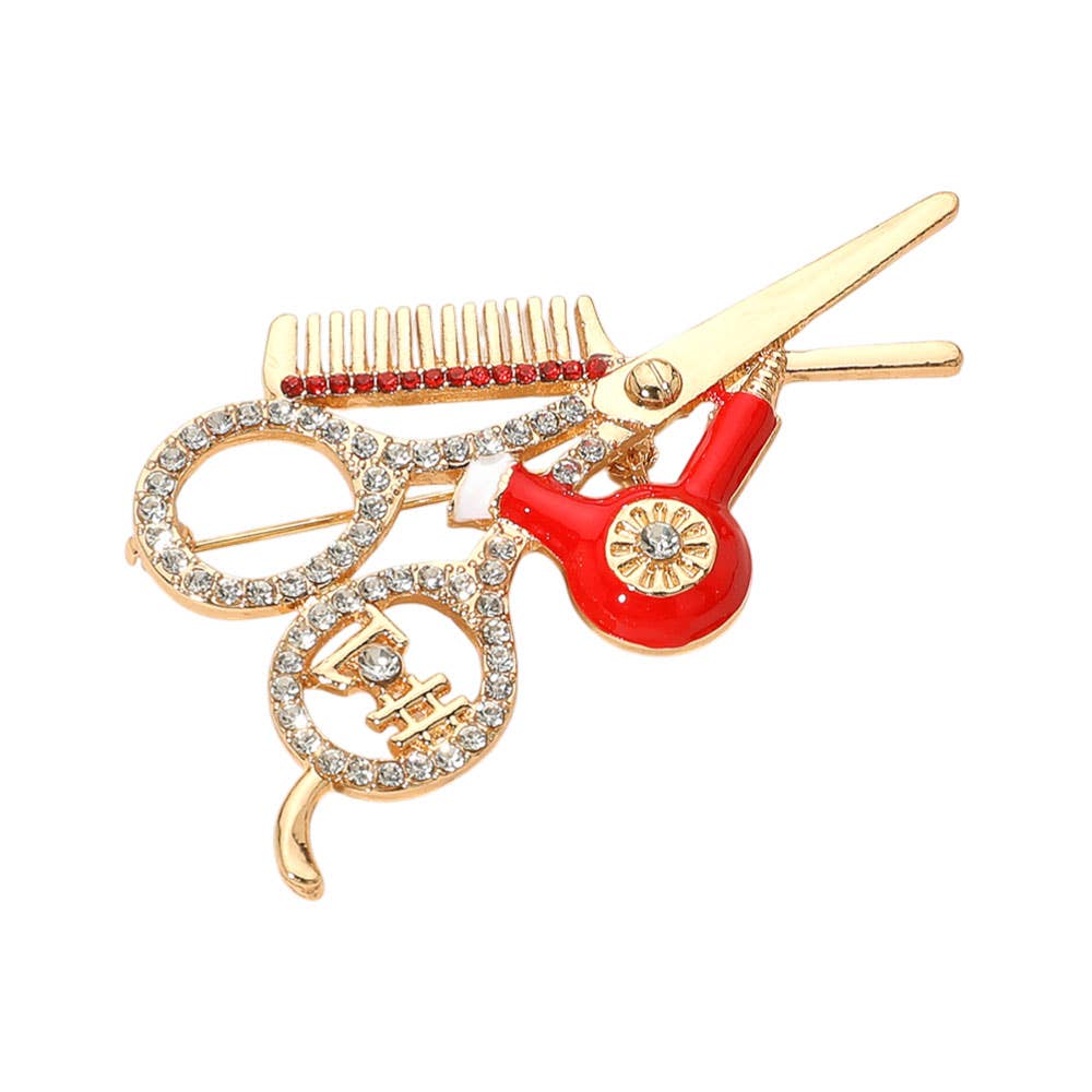 Rhinestone Embellished Hairdresser Tools Pin Brooch