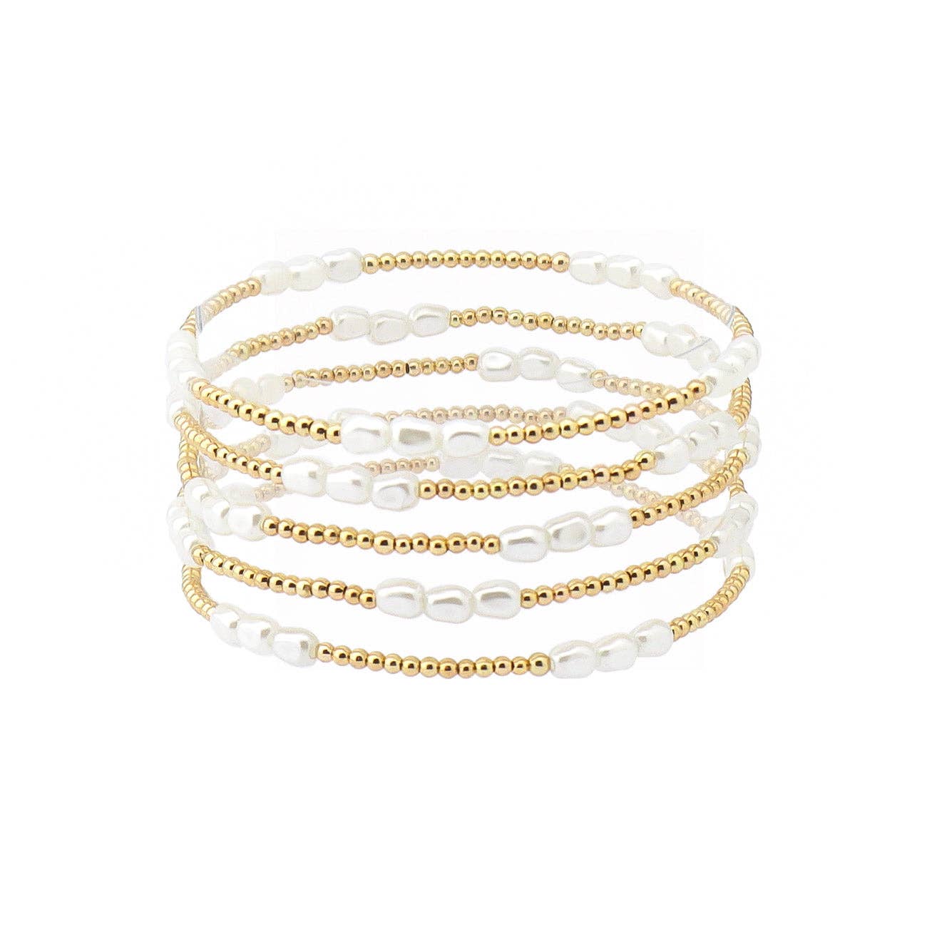 Gold Small Beaded with Pearl Cluster Set of 5 Stretch Bracelet