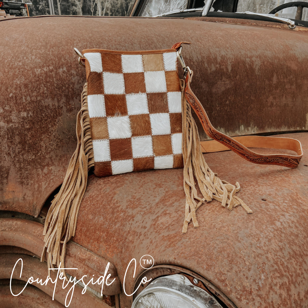 Stockdale Checkered Cowhide Fringe Purse, Brown &amp; White
