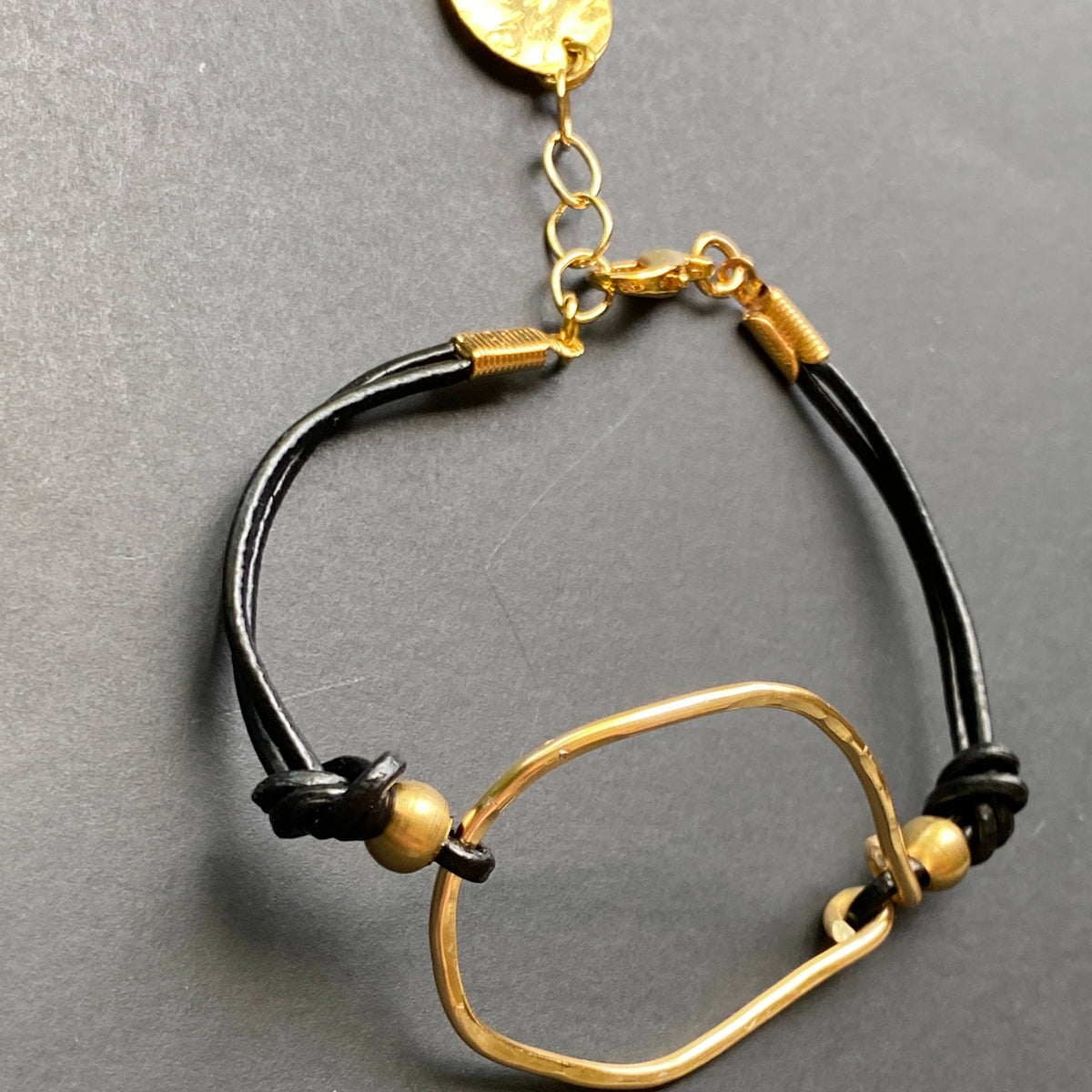 Hammered Organic Gold Connector Leather Bracelet: Gold