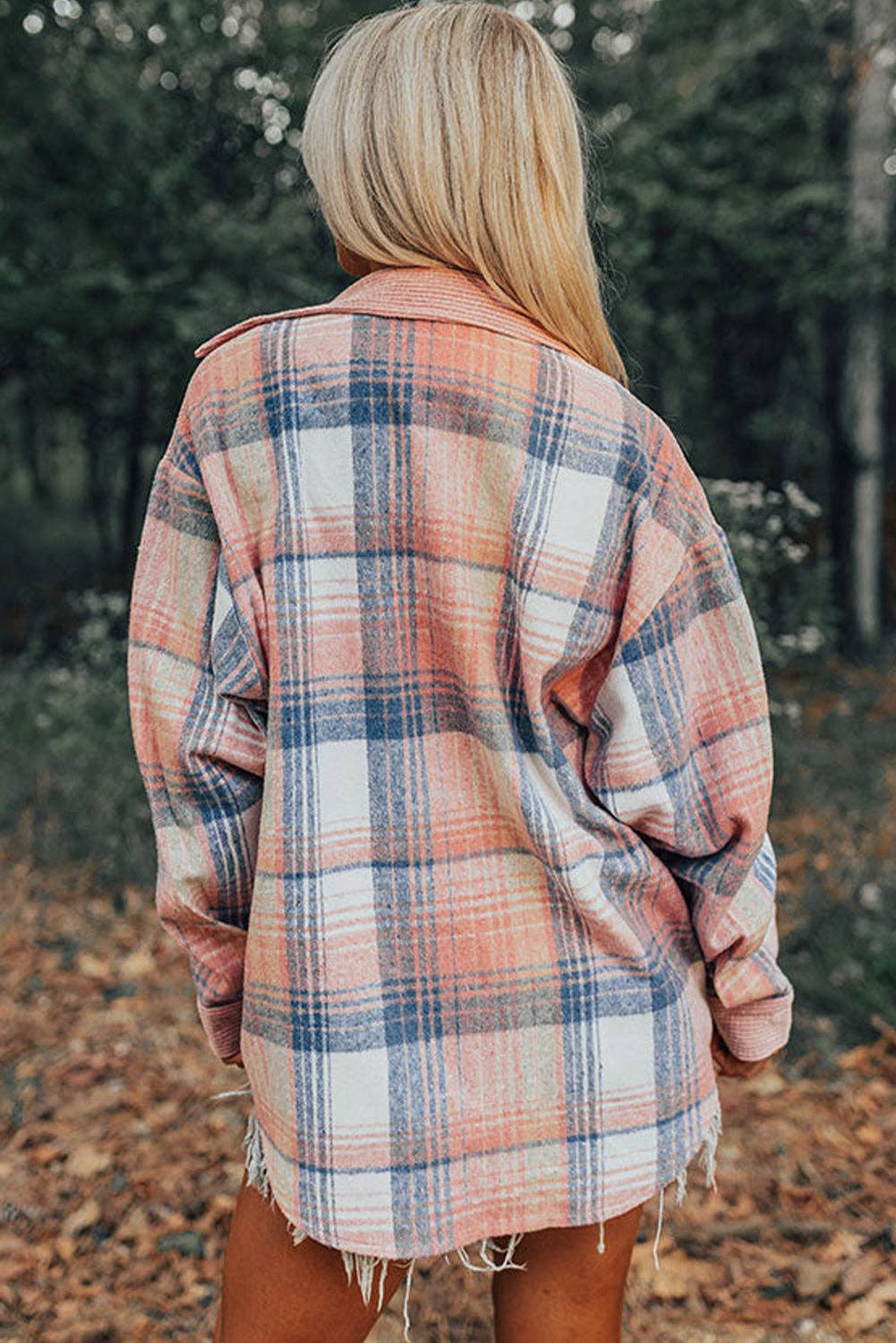 Plaid Corduroy Patchwork Chest Pocket Shacket: Light Pink