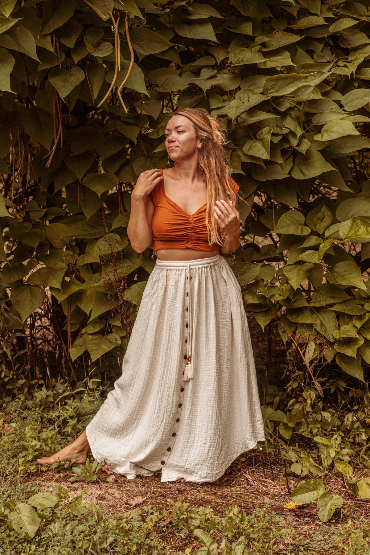 Forest Fiber Tencel Boho Yoga Crop Top, Cinch Crop Bra Top: Honey Ginger