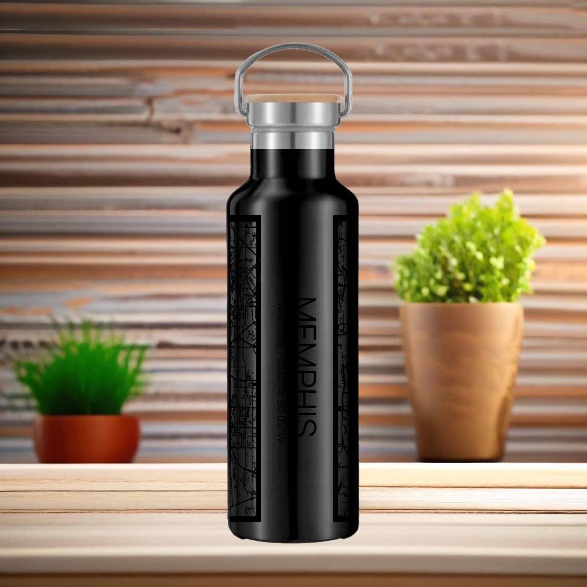 Memphis TN Tactile Lines Map Bottle with Bamboo Top in Black