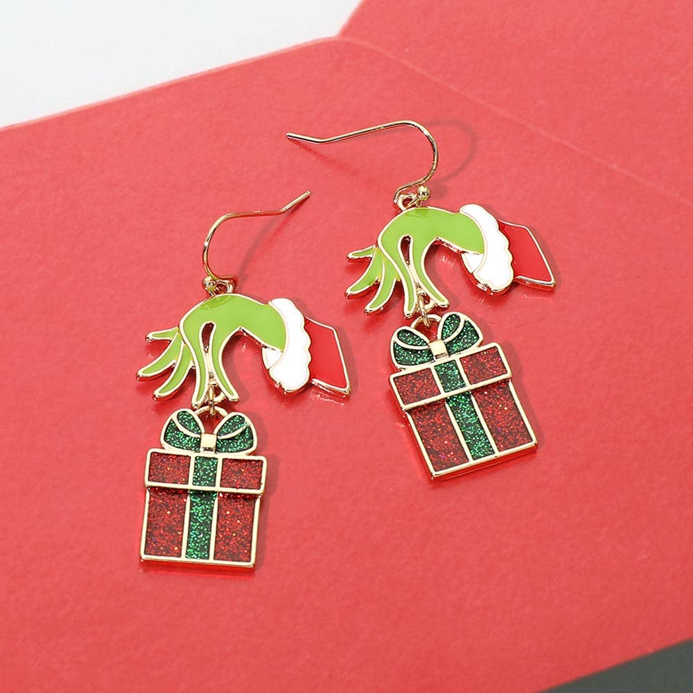Grinch Holding Christmas Present Box Charm Drop Dangle Earrings