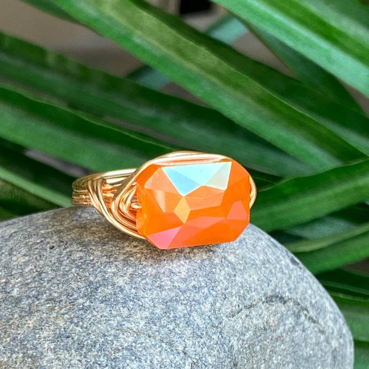 ORANGE - Gold Wire Wrapped Ring Faceted Orange Crystal Statement Ring: Gold