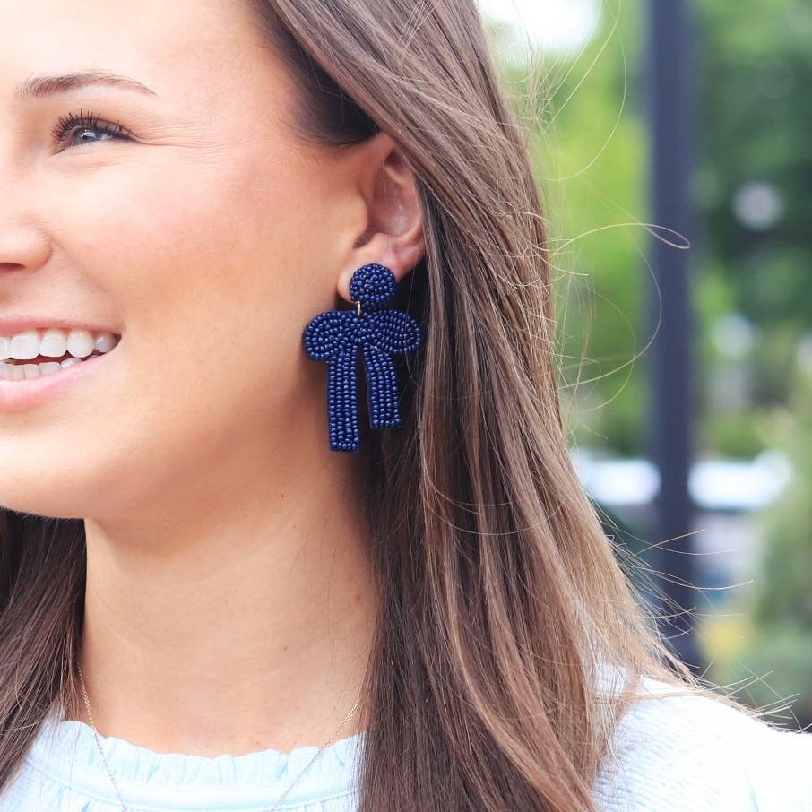 Custom Navy Beaded Bow Earrings