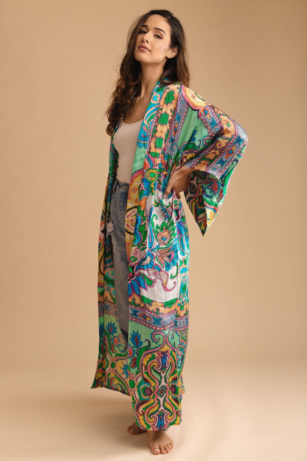 Margo Multi Paisley Print Kimono: Green