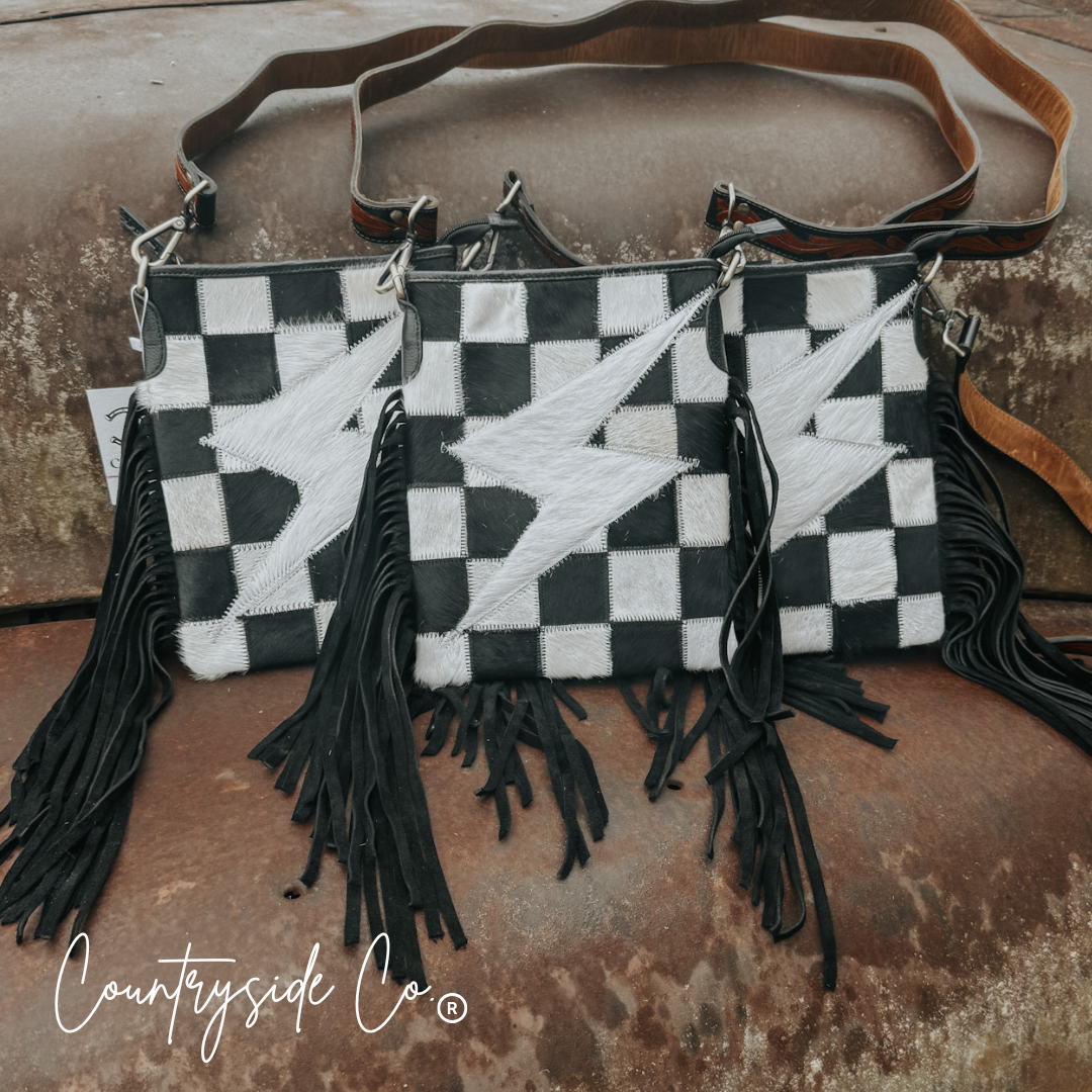 Grit &amp; Glam Checkered Cowhide Purse, Tooled Leather Strap
