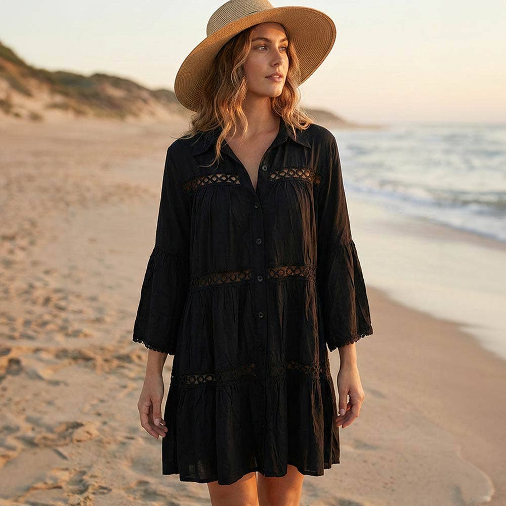 Button Front Lace Trim Beach Shirt Dress