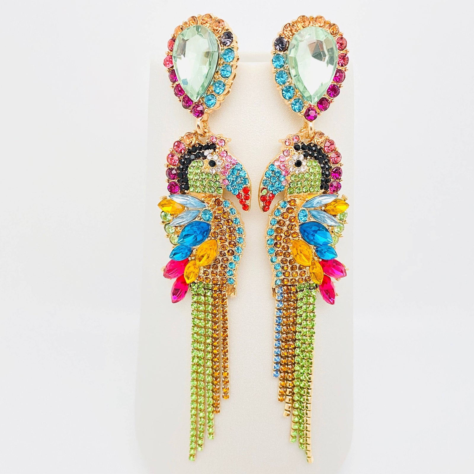 Parrot Rhinestone Tassel Earrings: Colourful