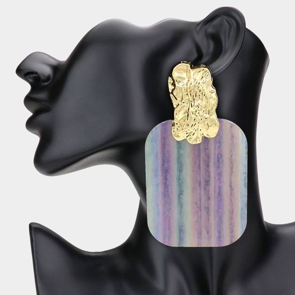 Oversized Patterned Celluloid Acetate Plate Accent Doorknocker Earrings: Blue,Gold,Multi