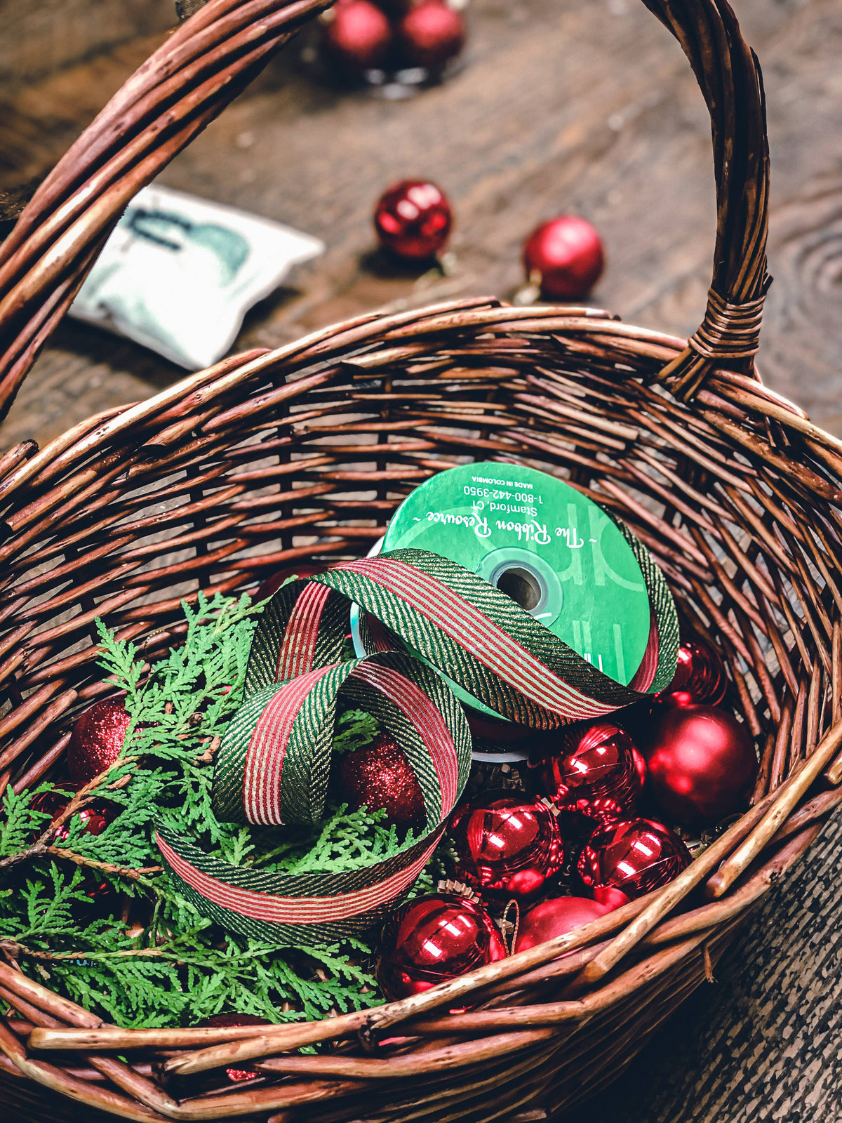 ~1.5" Green/Gold Herringbone with Red Center Stripes Ribbon