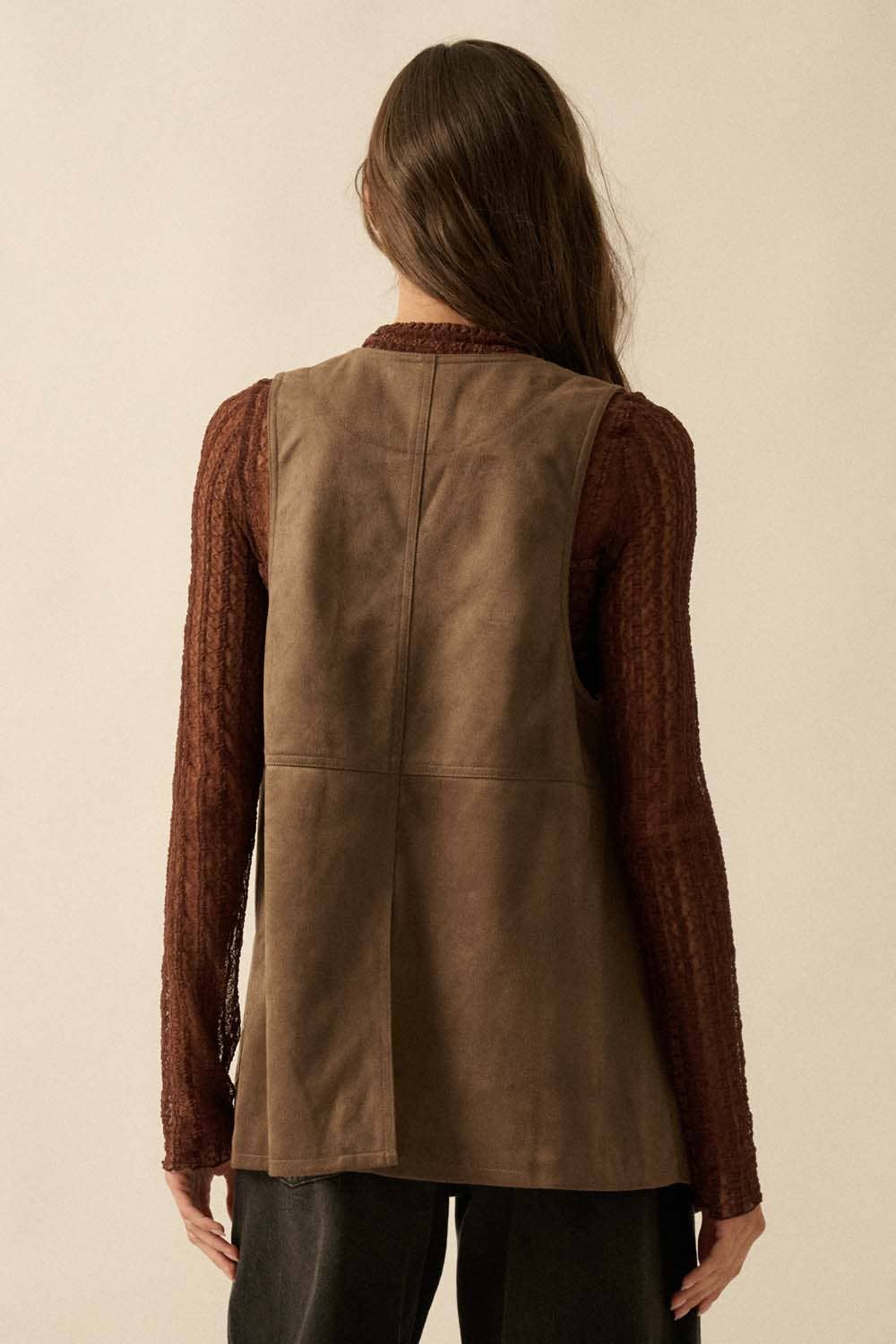 Floral-Embroidered Faux Suede Snap-Front Vest
