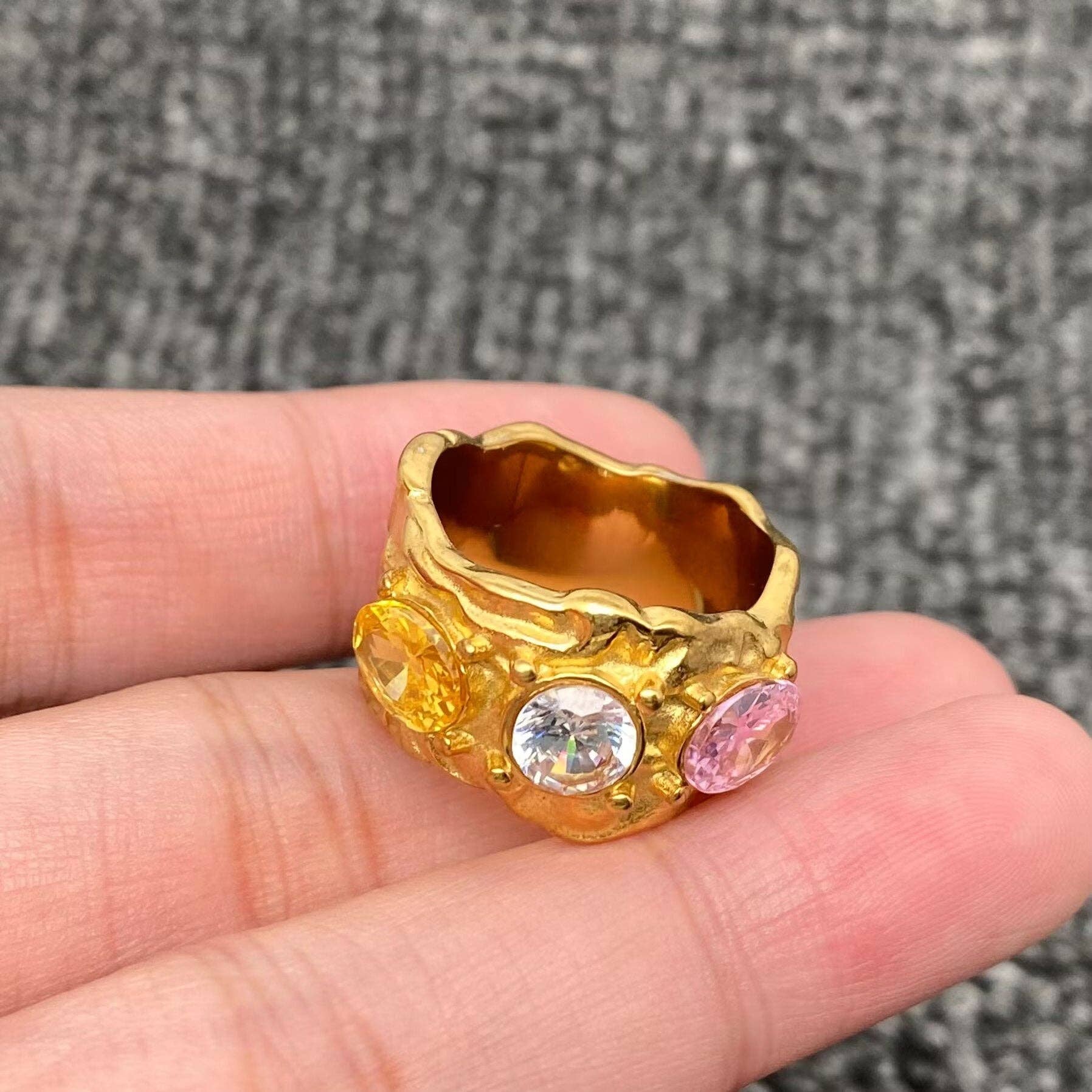 Inlaid Zircon 18K Gold Plated S.Steel Irregular Texture Ring