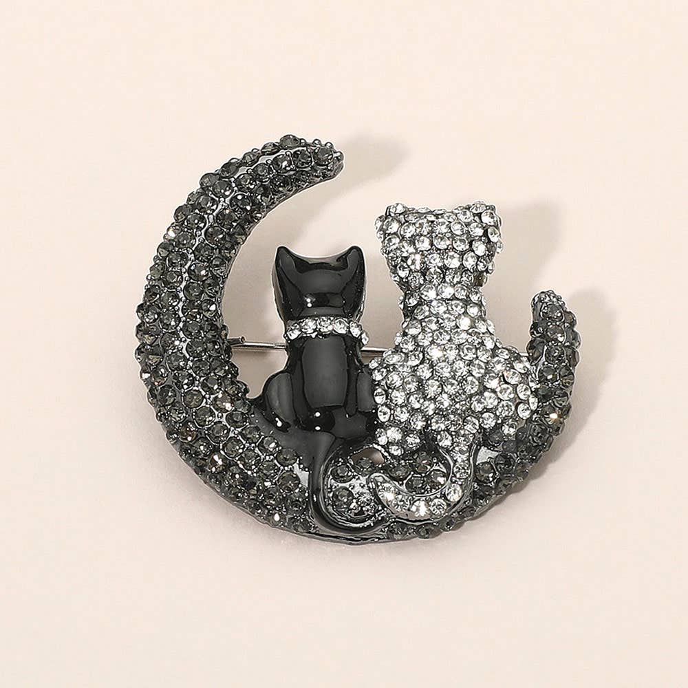 Silver Dipped Rhinestone Embellished Cat and Moon Pin Brooch