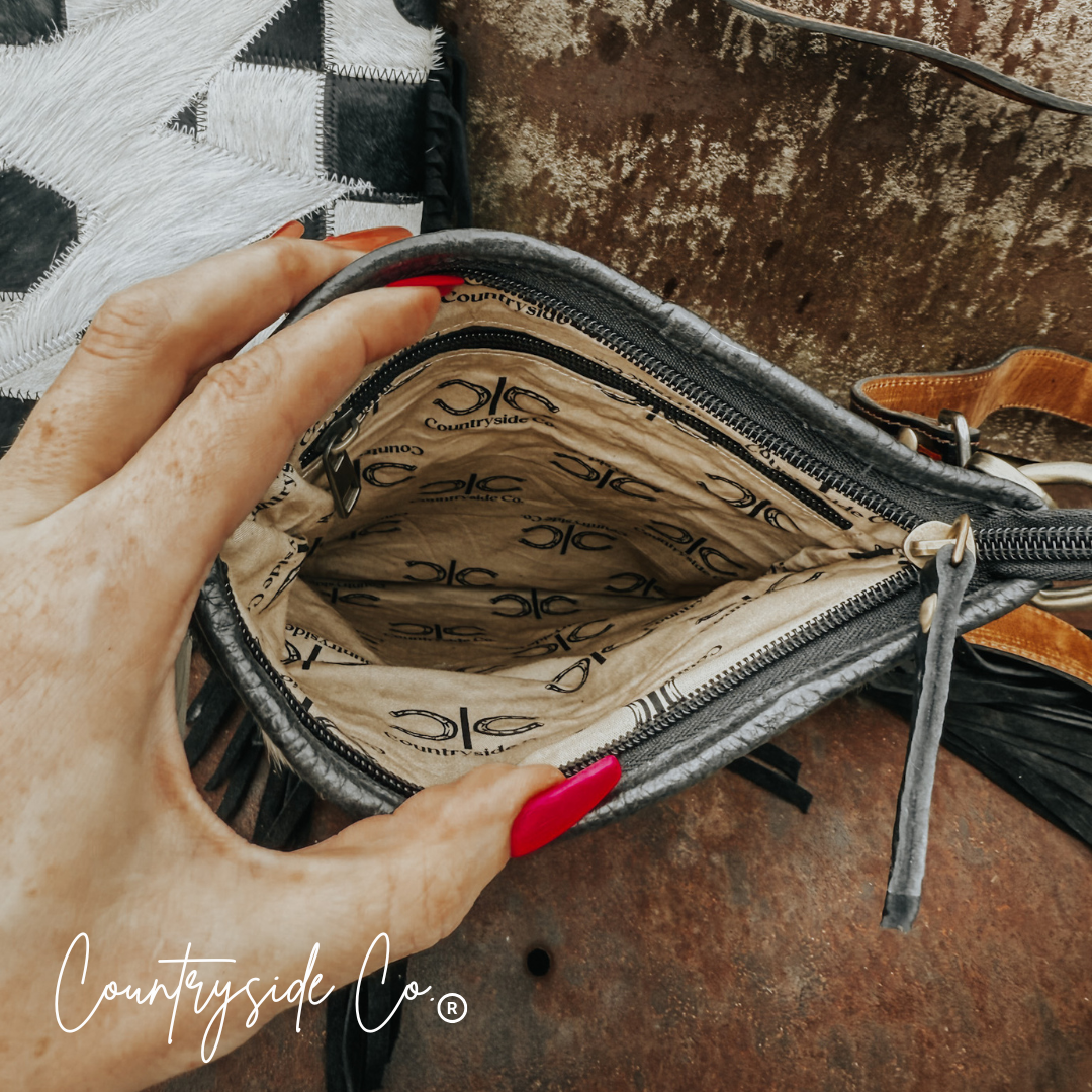 Grit &amp; Glam Checkered Cowhide Purse, Tooled Leather Strap