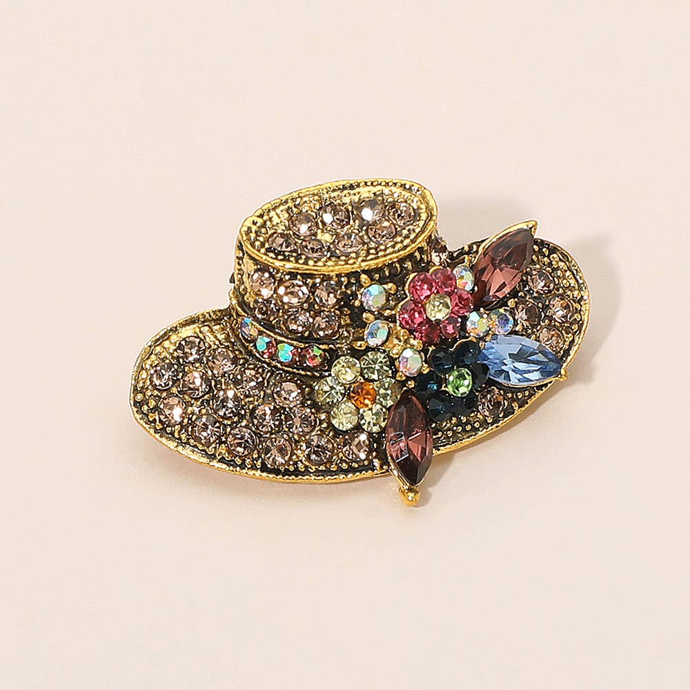 Gold Dipped Rhinestone Embellished Floral Hat Pin Brooch / Pendant