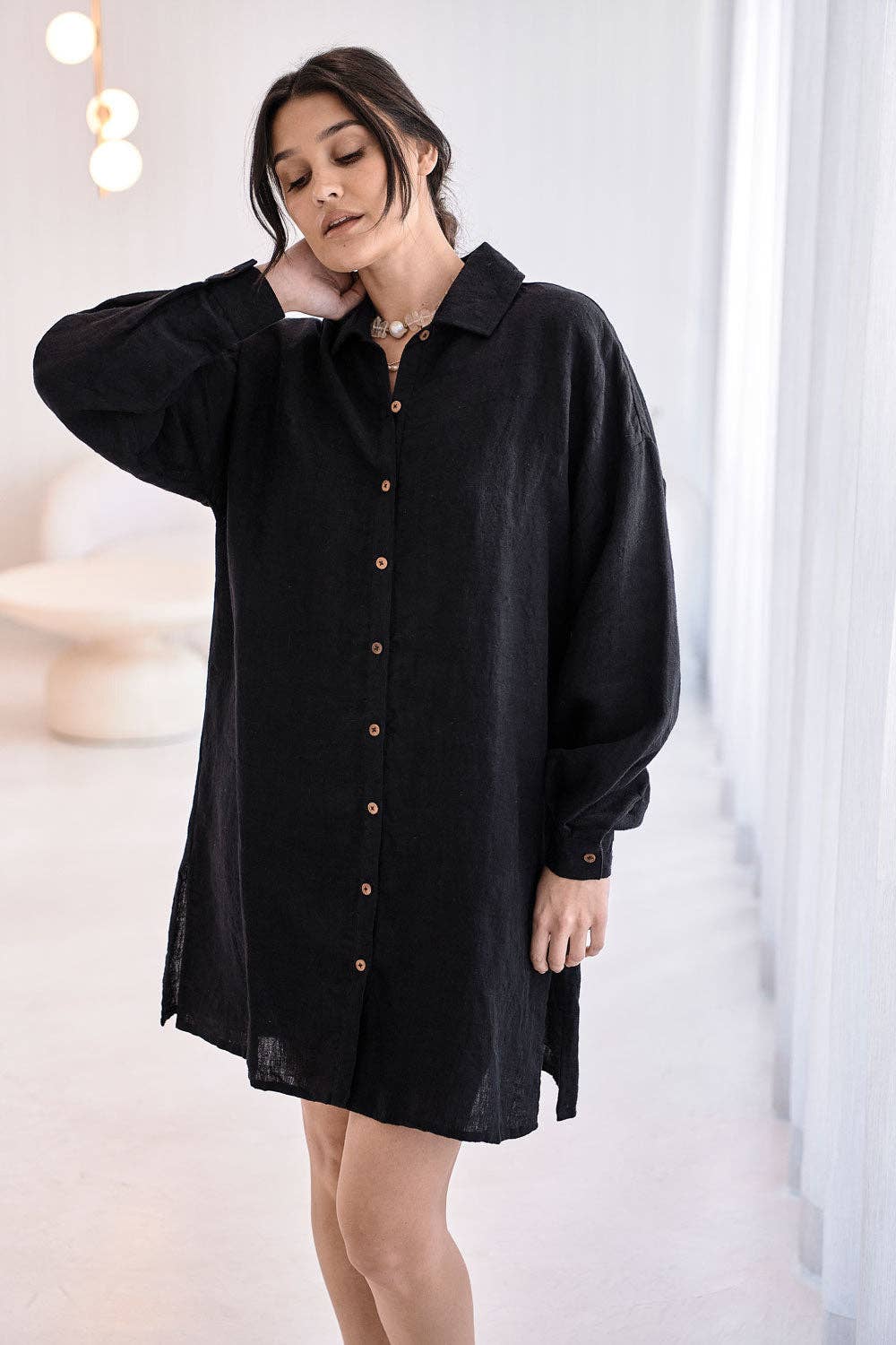 Linen Shift Dress - Black: Black / M/L