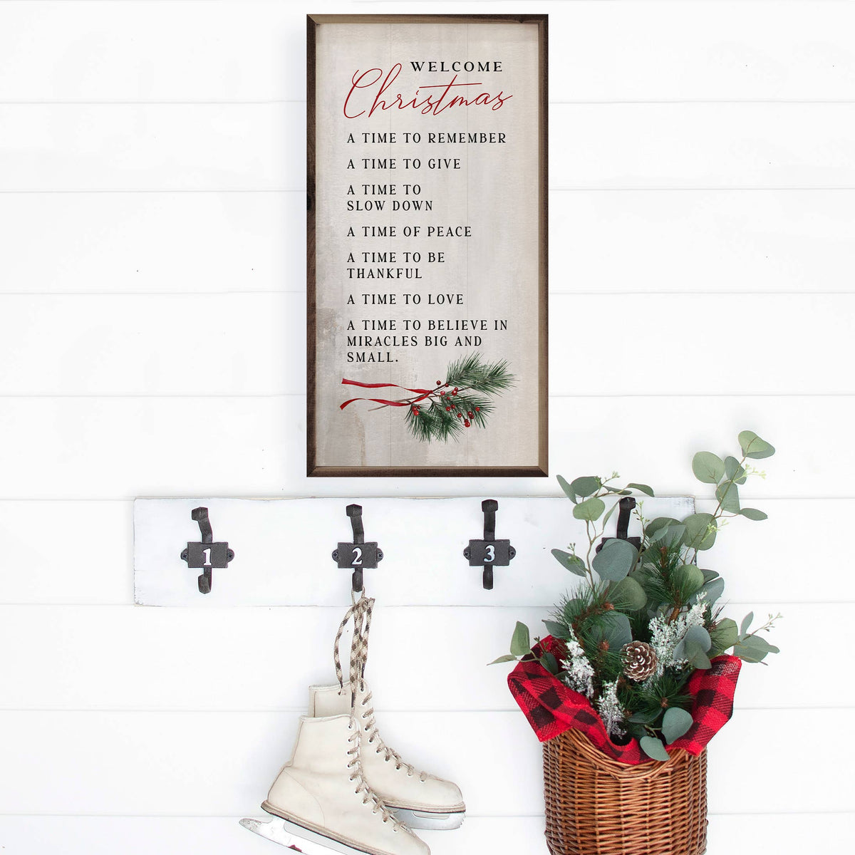 Welcome Christmas A Time Greenery Whitewash: 12 x 24