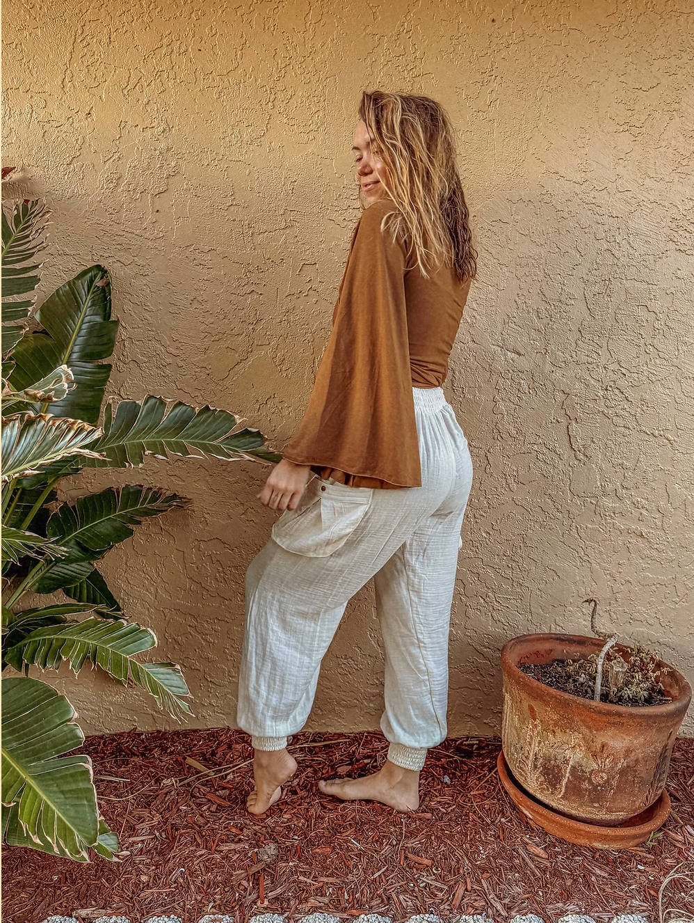 Organic Cotton Bamboo Beachy Boho Joggers, Hippie Pants: White Undyed