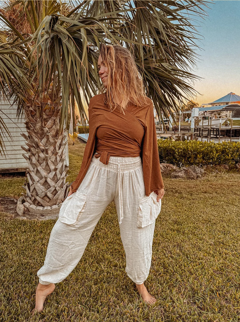Organic Cotton Bamboo Beachy Boho Joggers, Hippie Pants: White Undyed