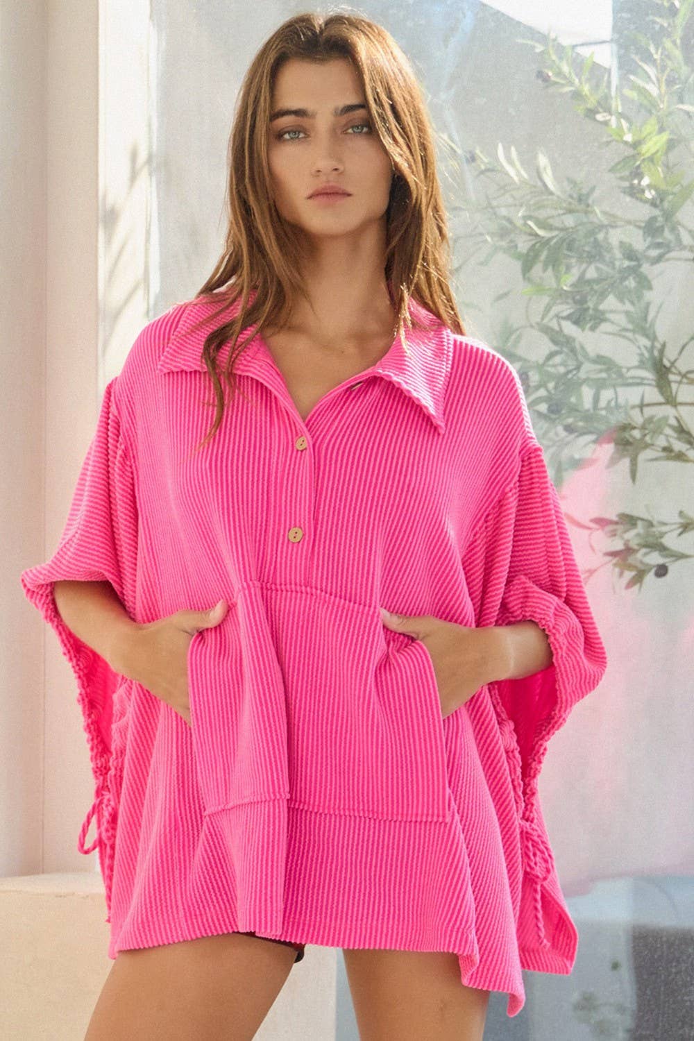 T2195B Oversized Drawstring Tie Sleeves Solid Top: Fuchsia