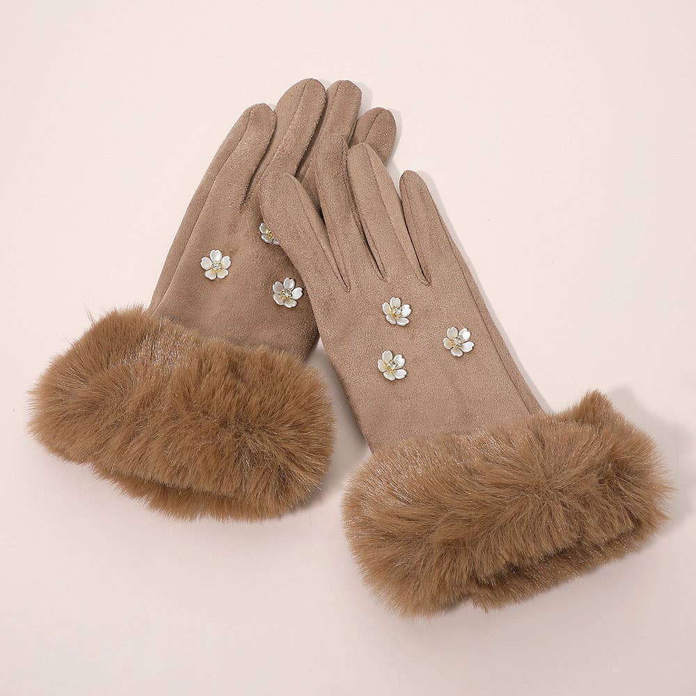 Rhinestone Flower Embellished Faux Fur Cuff Smart Touch Winter Gloves