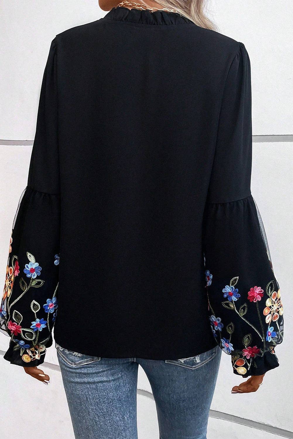 Floral Patched Flounce Sleeve Split Neck Blouse: Black