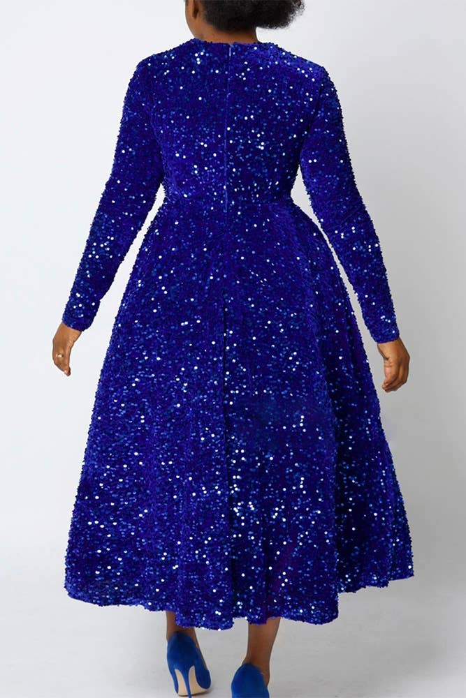 Round Neck Solid Color Sequin High Waist Dress Navy  BEAUTIFUL!!!