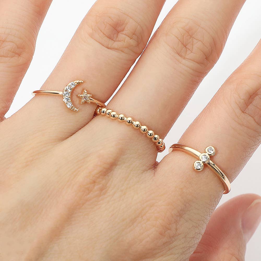 Genuine Gold Dipped Stone Pave Crescent Moon Star Beaded Stackable Ring Set