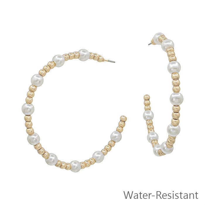 Water Resistant Small Gold Beaded and Pearl 2" Hoop Earring